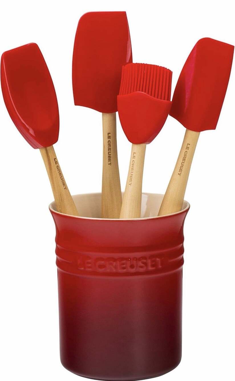 Le Creuset Cerise 5pc Silicone Spatula Set with Stoneware Utensil Crock - Red